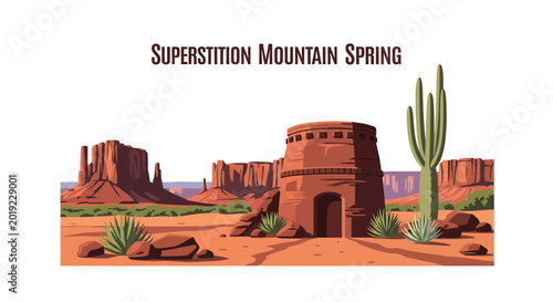 Superstition Mountain Desert Landscape with Saguaro Cactus and Ruins