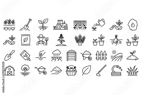 Tableau sur toile Agriculture line icons set, farming and gardening outline symbols, 32 organic cu