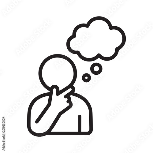 Thinking figure with hand on chin and thought bubble outline icon vector