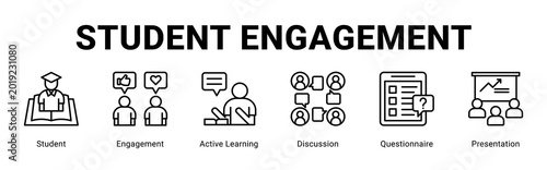 Student Engagement web banner icon concept,  with Student, Engagement, Active Learning, Discussion, Questionnaire, Present.