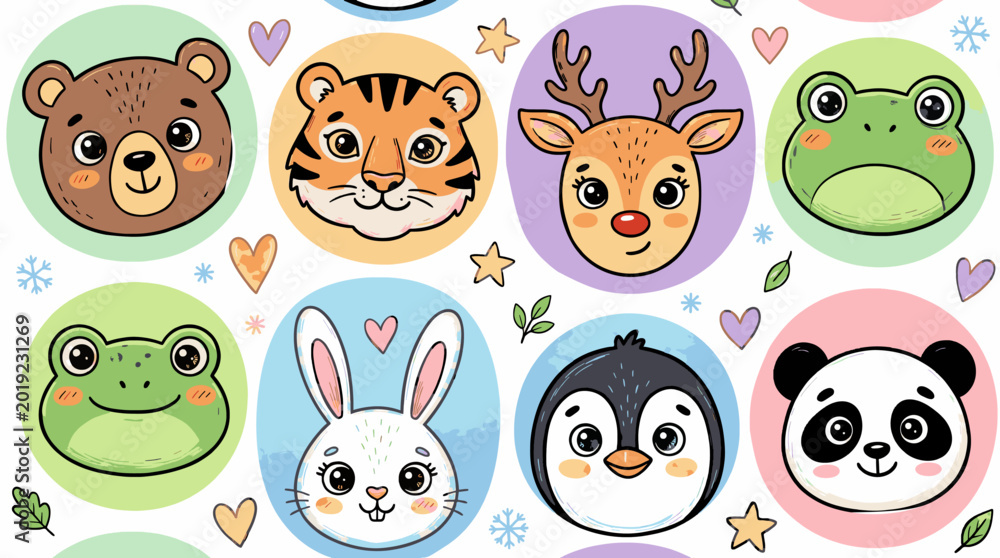Fototapeta premium Adorable Cartoon Animal Faces Collection: Cute Characters for Children's Design and Products