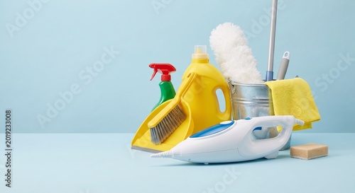 Professional Home Cleaning Supplies Set on Blue Background