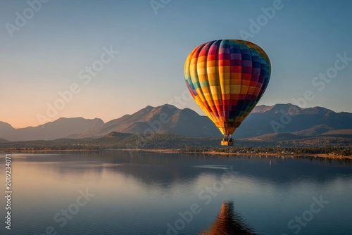 Vibrant Hot Air Balloon Floats Over Serene Lake at Sunrise.