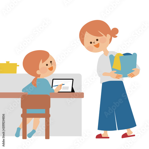 リビングでタブレット学習をする子供と見守る母のイラスト