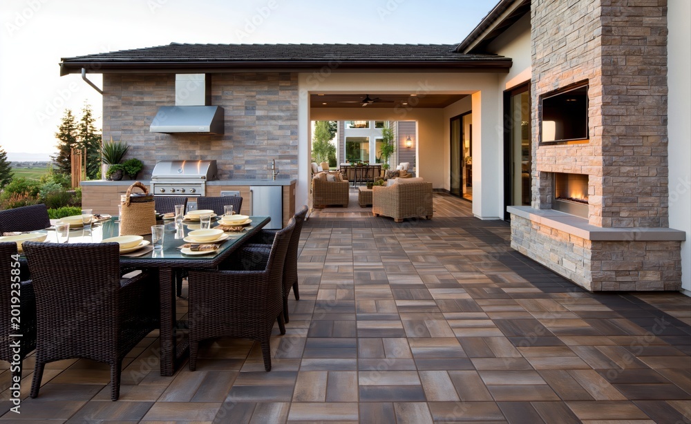 Naklejka premium Outdoor patio with kitchen, dining area, and fireplace