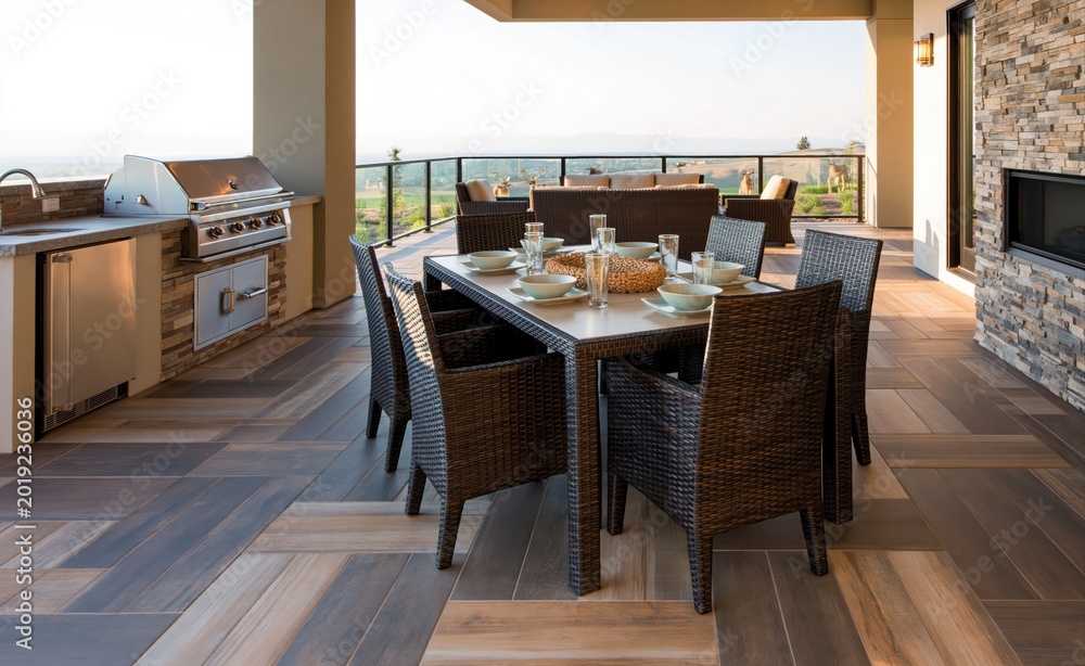 Naklejka premium Outdoor kitchen and dining area on luxury balcony