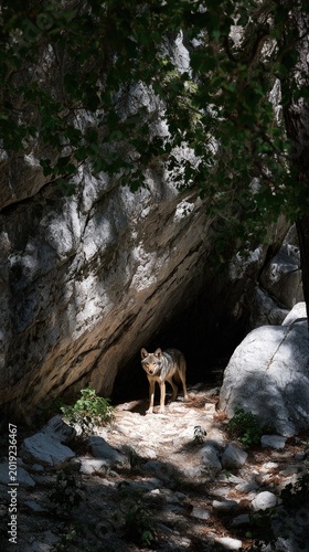 Coyote standing in shaded rocky forest with sunlit head and alert gaze
