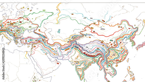 Hand-Drawn Artistic Map of Eurasian Historic Migration and Trade Routes, Multicolor Braided Flow Lines Marking Ancient Pathways and Human Settlements