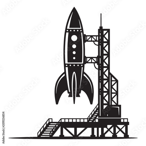 Rocket ship on launchpad silhouette with silhouette illustration futuristic transport technology structure background exploration universe adventure