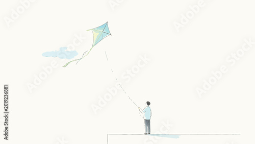 Minimalist Soft Watercolor Illustration of a Lone Man Standing on a Ledge Flying a Pastel Diamond Kite Above a Wispy Pale Blue Cloud in an Expansive Quiet Empty Sky
