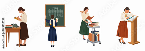 Photos Set of vintage illustrations showing women engaged in secretarial tasks, studying Pitman shorthand, typing, and working in a library or office setting