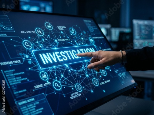 Investigation Analyzing and Uncovering Facts, projection on a virtual screen, Business and Technology Concept.Business Analytics & Compliance