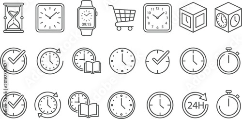  Comprehensive Time and Scheduling Line Icon Set Featuring Hourglasses Analog Clocks Smartwatches Stopwatches and 24-Hour Service Symbols for Professional Productivity and Web Design