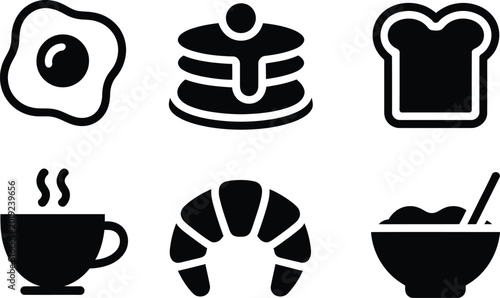 Quadro su tela Black silhouette icons illustrating popular breakfast foods like fried eggs, pan