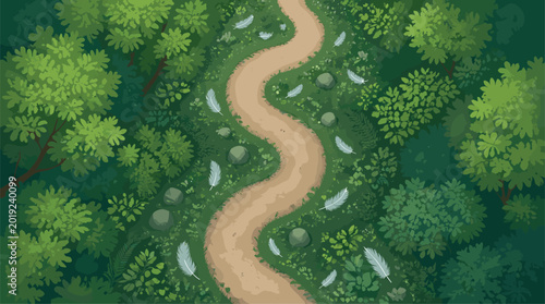Foto Top-Down Forest Path with Feathers: Nature Trail Background for Travel & Lifesty