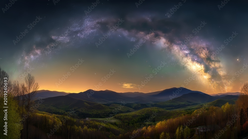 Fototapeta premium Milky way panorama over mountains at twilight with starry sky and colorful cosmic clouds. Silhouetted hills and dark forest beneath glowing galaxy create dramatic scenery
