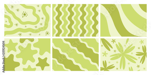 Six abstract green organic patterns for graphic design backgrounds with floral motifs and wavy lines in a retro style
