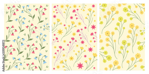 Delicate floral patterns with blooming wildflowers in pastel colors for a serene natural backdrop vector illustration