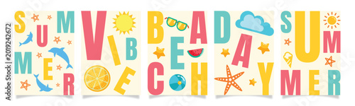 Summer beach vibe lettering with playful icons during bright sunny day vector illustration