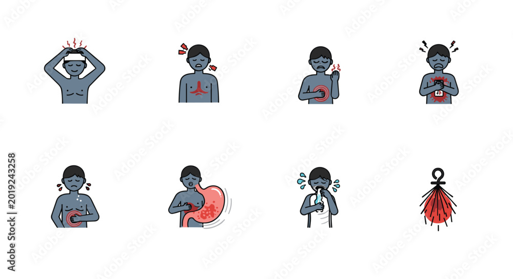 Fototapeta premium Medical symptoms icons set depicts a person experiencing different types of physical pain including headaches and stomach aches.