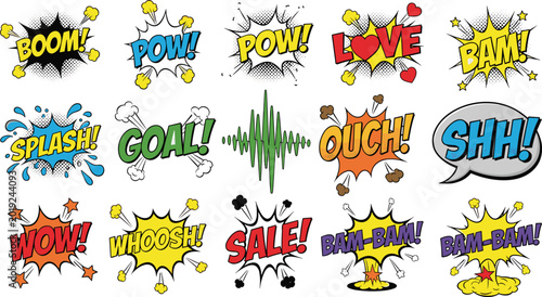 Tableau sur toile mega pop art comic speech bubble set with text expressions boom splash pow goal