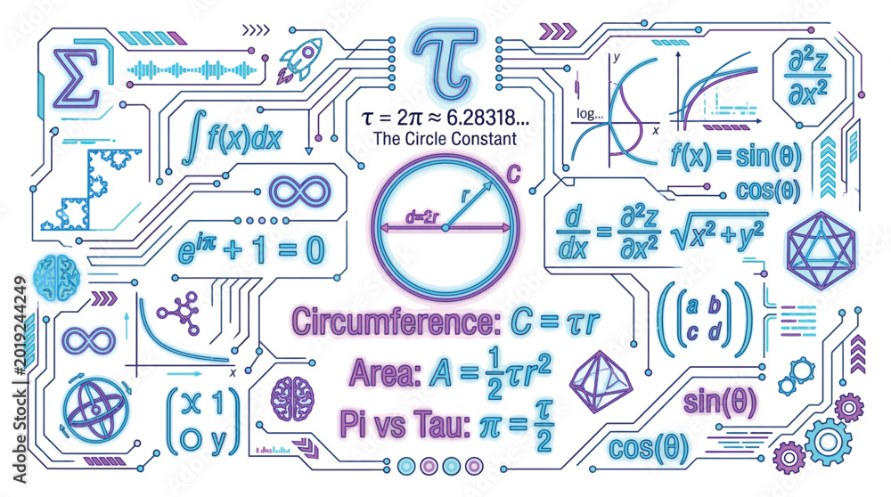 Fototapeta premium Abstract digital illustration of mathematical formulas, symbols, and concepts on a circuit board background.