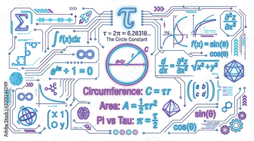 Photos Abstract digital illustration of mathematical formulas, symbols, and concepts on a circuit board background