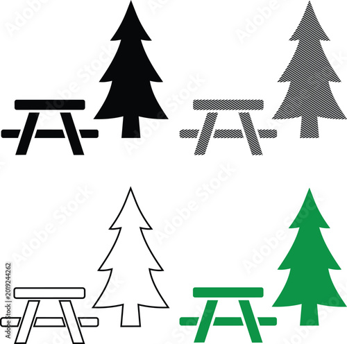 Set of picnic tables and fir trees vector illustration for outdoor recreation design needs.