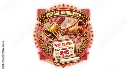Tableau sur toile Vintage announcer emblem with bell, megaphone, and proclamation scroll announcing news