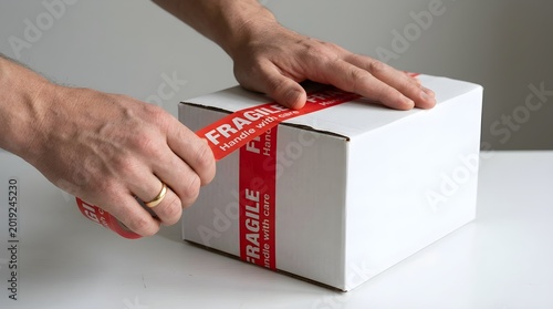 Sealing Fragile Package with Warning Tape, Hands Wrapping Box, Close-Up View, Delivery Preparation, Indoor Environment, Business and Logistics Concept
