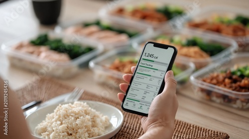 Hand holding smartphone tracking calories for meal prep
