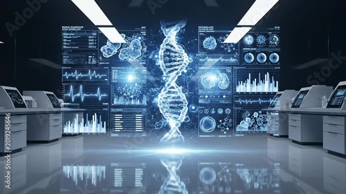 glowing digital dna helix with scientific data charts and graphs displayed on a futuristic large screen in a modern laboratory