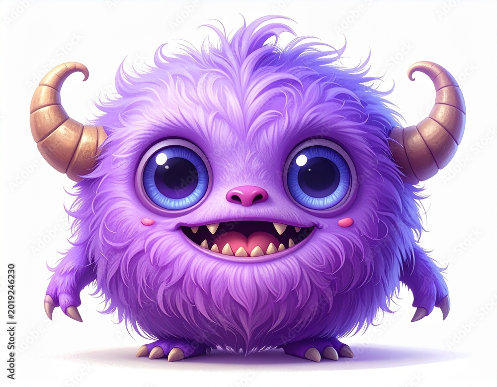 Naklejka premium Whimsical furry character with tiny teeth and charming expression.