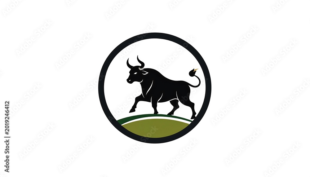 Fototapeta premium A stylized black bull inside a dark-lined circle, with green hills against a white background