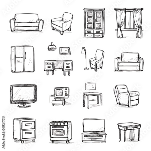 Collection of home furniture and appliances.