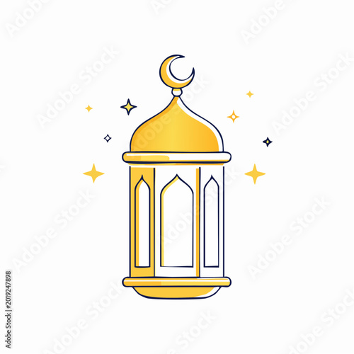 Golden Islamic Lantern with Crescent Moon and Stars