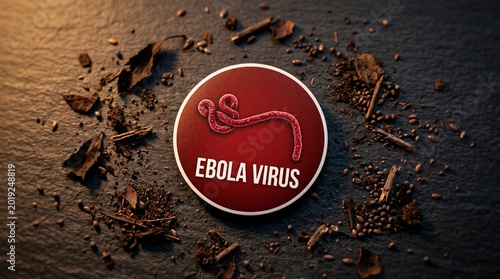 Ebola Virus illustration with microscopic view of virus and debris on dark background