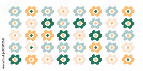 Floral pattern with stylized flowers in pastel and muted tones on a white background