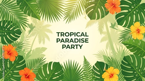 Tropical jungle background frame. Green leaves border, palm foliage Hawaii summer plant design. Vector Brazil Amazon forest vibes illustration. Floral hibiscus tropic card. Goa beach party paradise