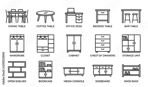 Tableau sur toile Minimalist furniture outline icon collection with tables and closets vector symb
