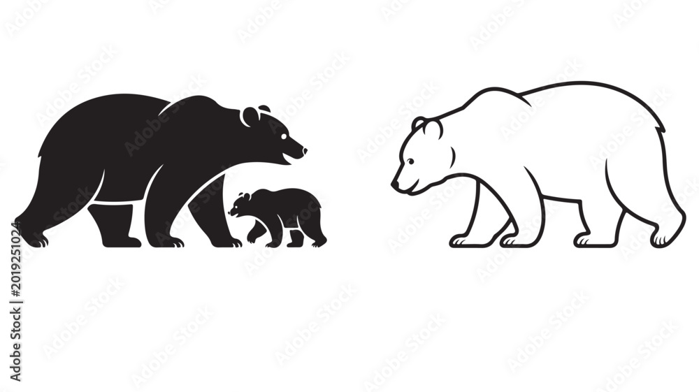 Fototapeta premium Bear Family Walking Minimalist Profile Illustration, Parent and Cubs Silhouette Vector for Wildlife Concepts