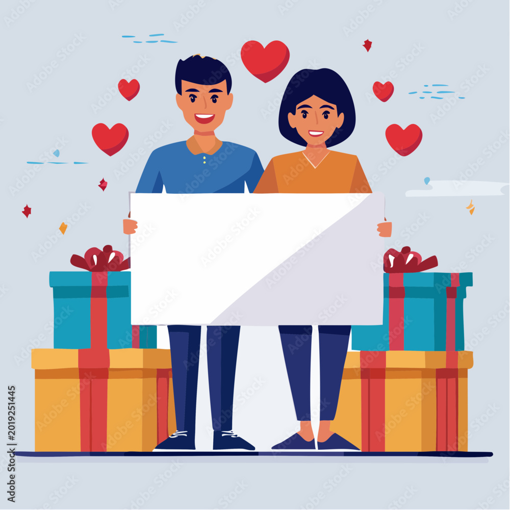 Fototapeta premium Couple Holding Blank Sign with Hearts and Gifts