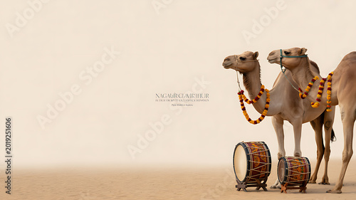 Two camels adorned with beaded necklaces standing beside traditional drums in a desert setting
