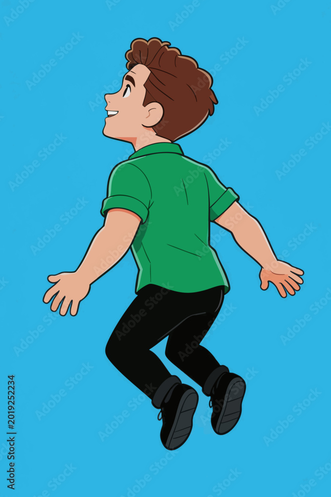 Fototapeta premium Cartoon teenage boy floating happily in blue space