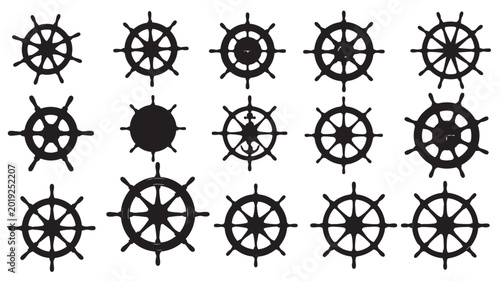 Nautical ship wheel silhouettes, set of 15 black marine steering wheel icons, vintage maritime helm vector elements for ocean travel and sailing design