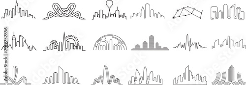 Modern abstract city skyline and urban landscape logos icons set in outline style on white