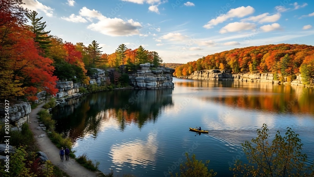Obraz premium Serene lake with autumn foliage reflection.