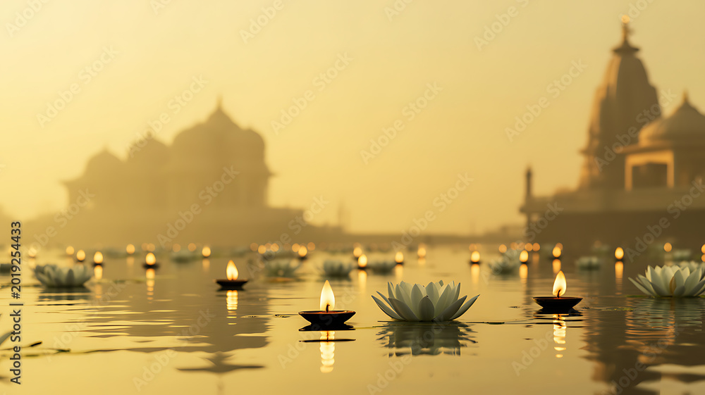 Fototapeta premium Floating oil lamps and lotus flowers on water with temple silhouettes in the background during golden hour
