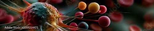Extreme macro electron microscope shot of a macrophage extending pseudopodia among red blood cells with vibrant false color and sharp texture.