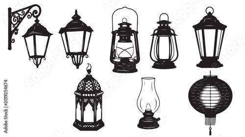 Vintage lantern collection, 8 black silhouette vector icons of antique street lamps and oil lanterns, traditional lighting equipment set